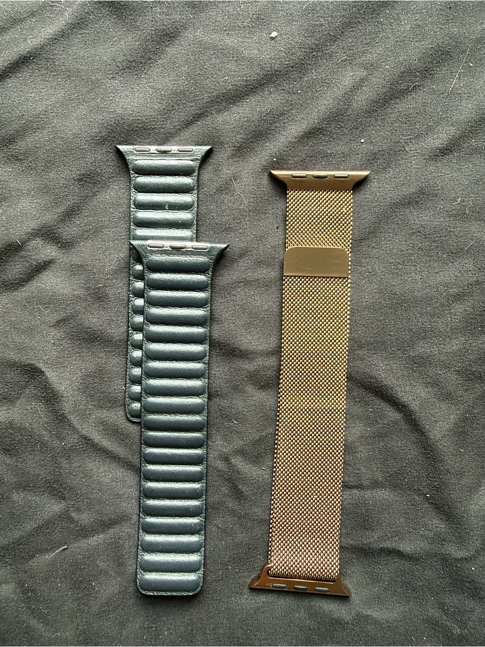 Apple 45mm Black Leather Loop and 44mm Gold Mesh Milanese magnet bands
